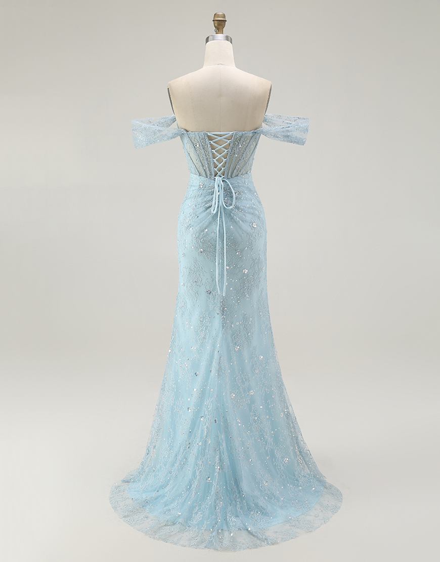 Sparkly Blue Mermaid Off the Shoulder Corset Long Prom Dress with Slit