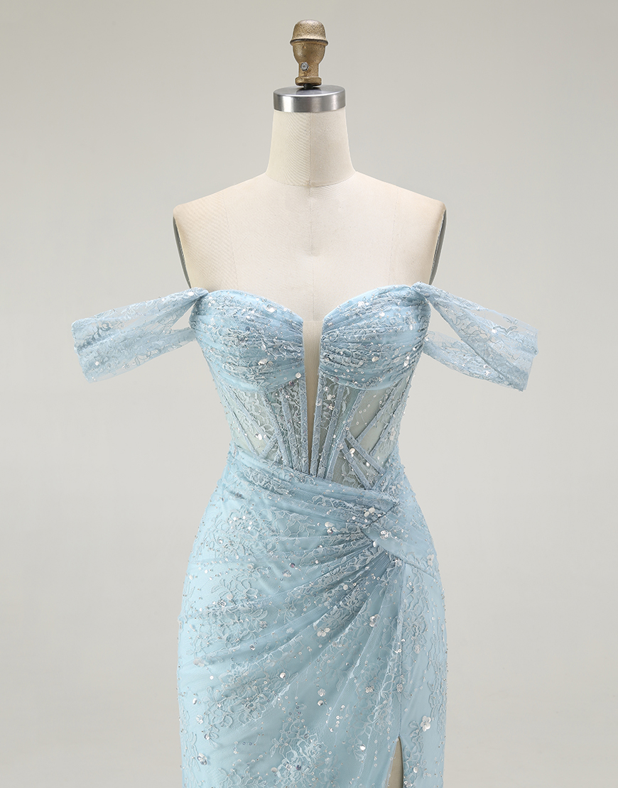 Sparkly Blue Mermaid Off the Shoulder Corset Long Prom Dress with Slit