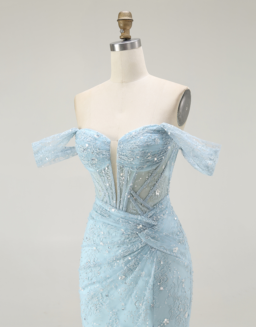 Sparkly Blue Mermaid Off the Shoulder Corset Long Prom Dress with Slit