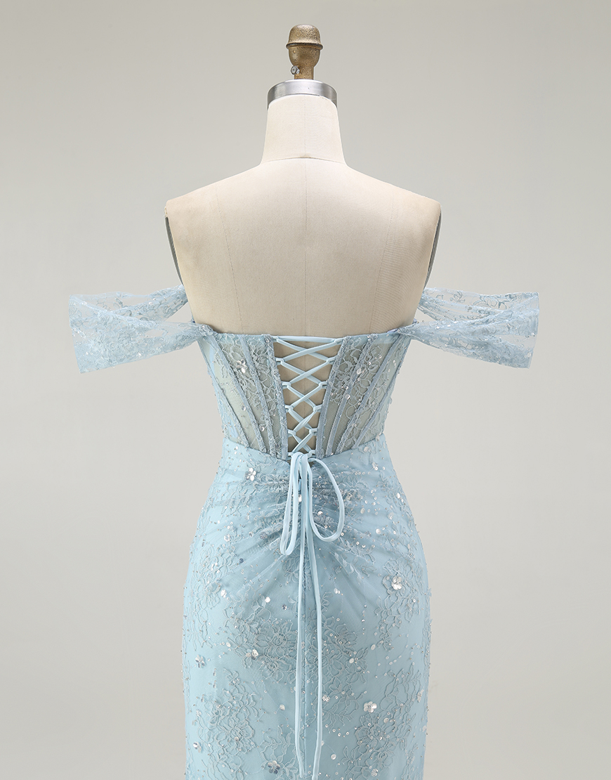 Sparkly Blue Mermaid Off the Shoulder Corset Long Prom Dress with Slit