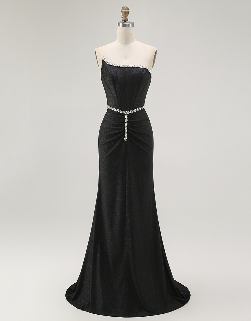 Sparkly Black Mermaid Strapless Corset Long Prom Dress