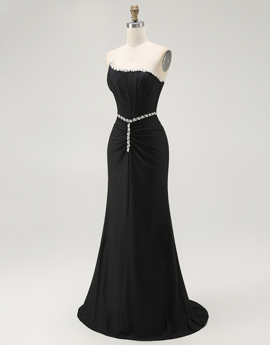 Sparkly Black Mermaid Strapless Corset Long Prom Dress