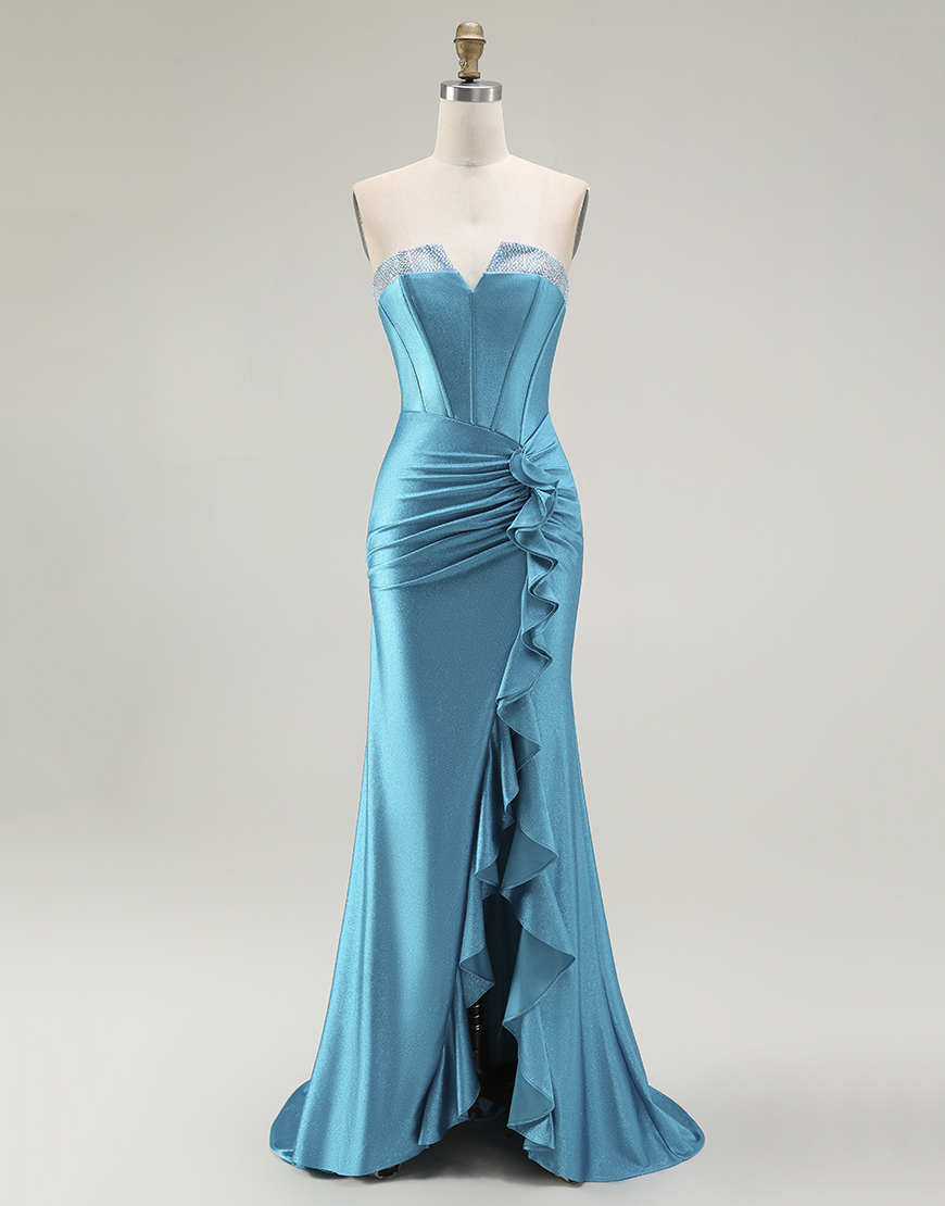 Sparkly Blue Mermaid Strapless Long Corset Prom Dress with Ruffles