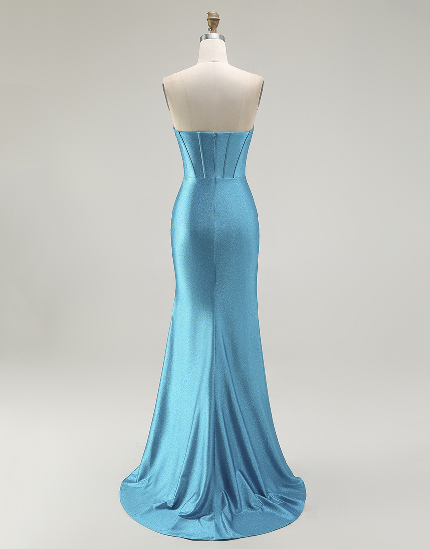 Sparkly Blue Mermaid Strapless Long Corset Prom Dress with Ruffles
