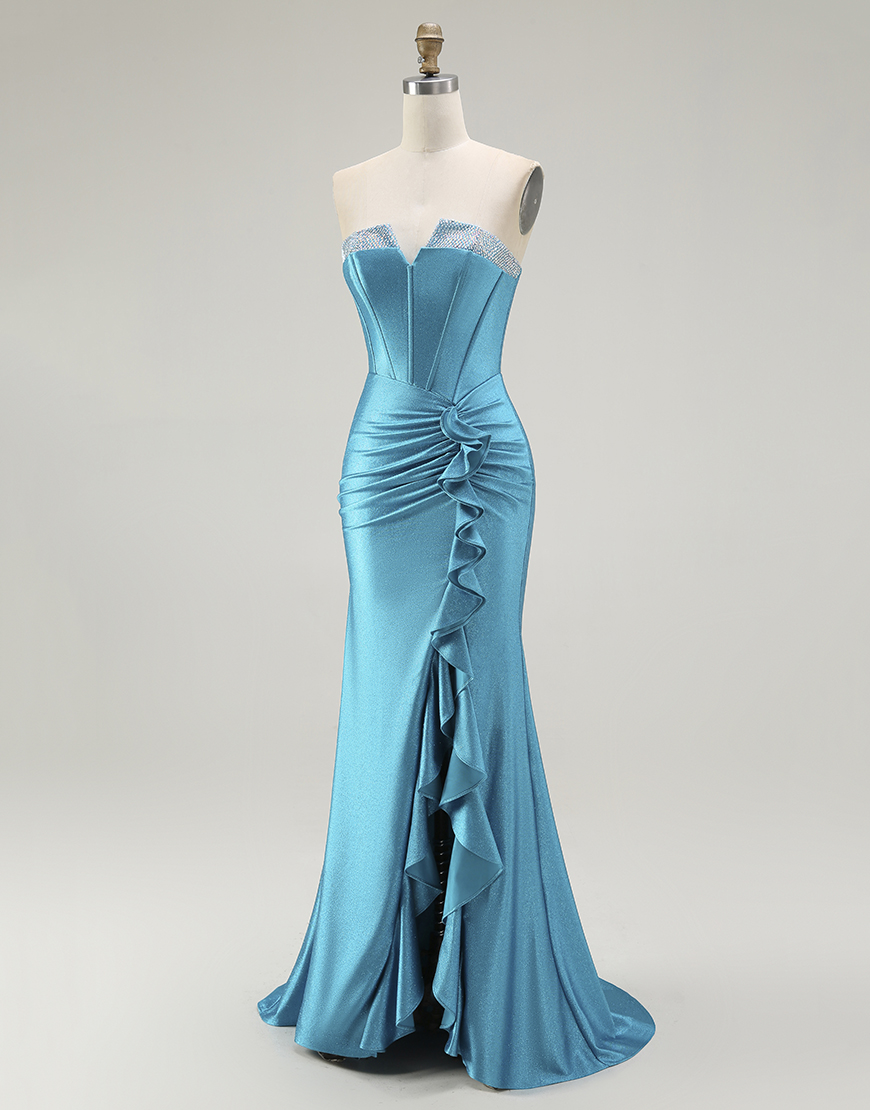 Sparkly Blue Mermaid Strapless Long Corset Prom Dress with Ruffles