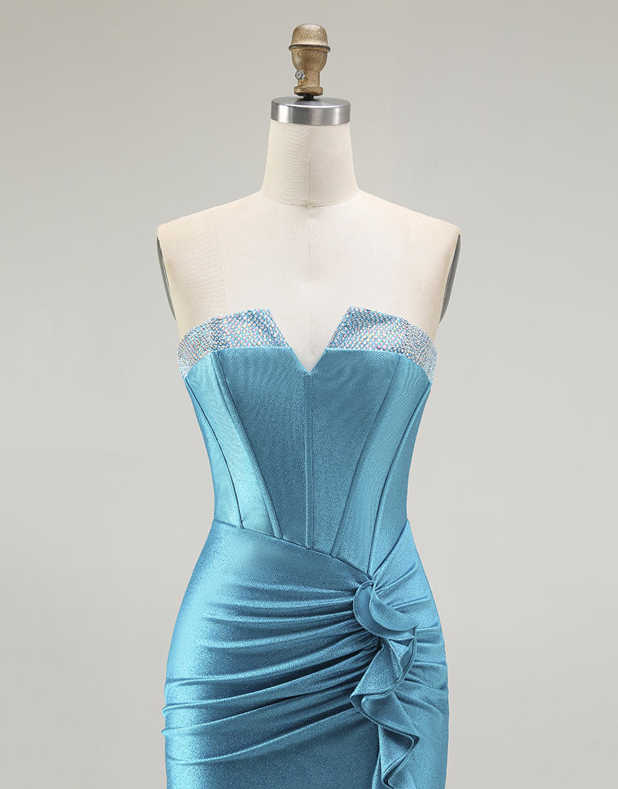 Sparkly Blue Mermaid Strapless Long Corset Prom Dress with Ruffles