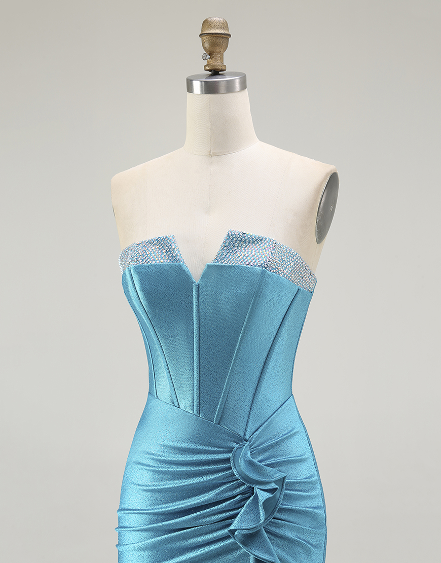 Sparkly Blue Mermaid Strapless Long Corset Prom Dress with Ruffles