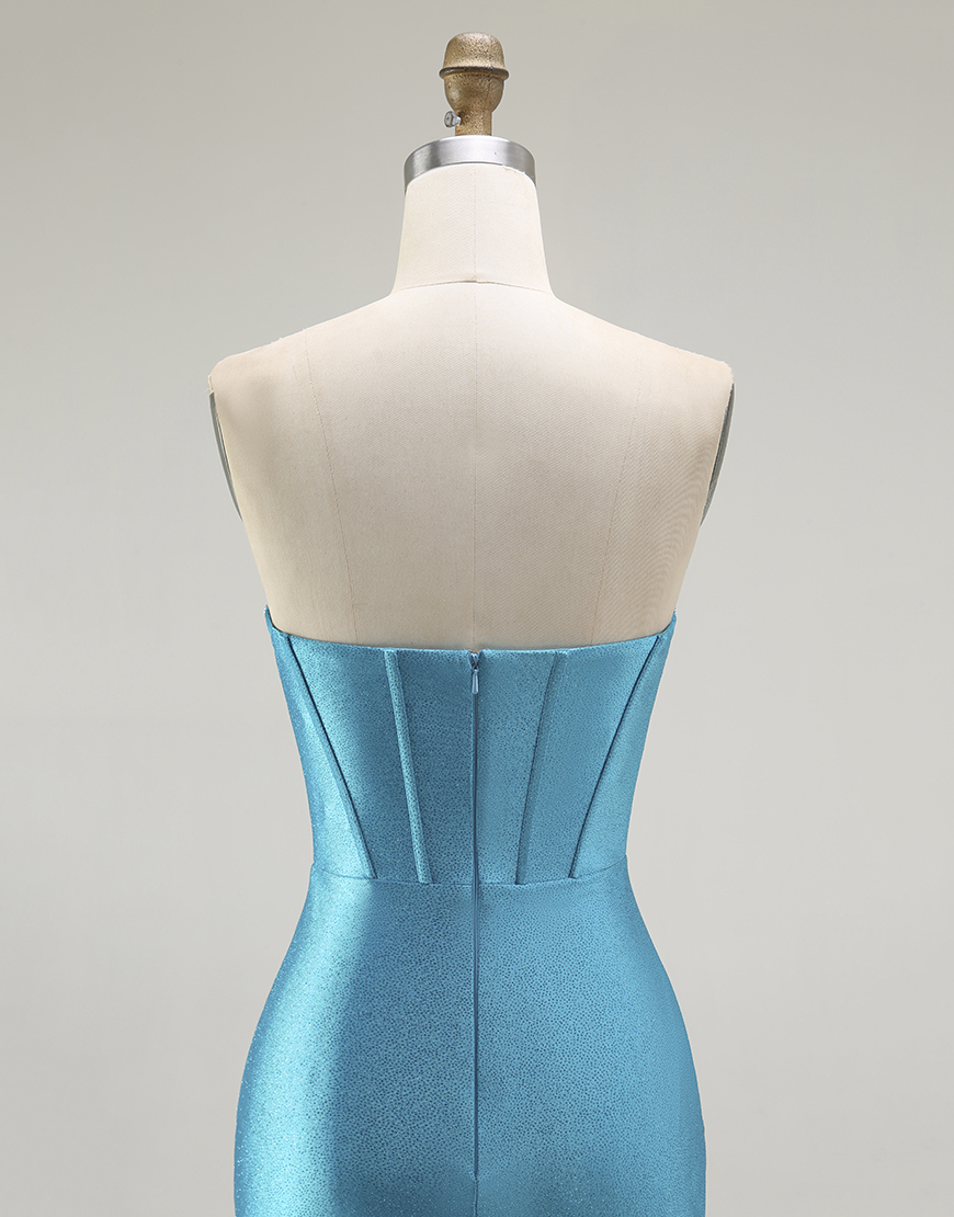 Sparkly Blue Mermaid Strapless Long Corset Prom Dress with Ruffles