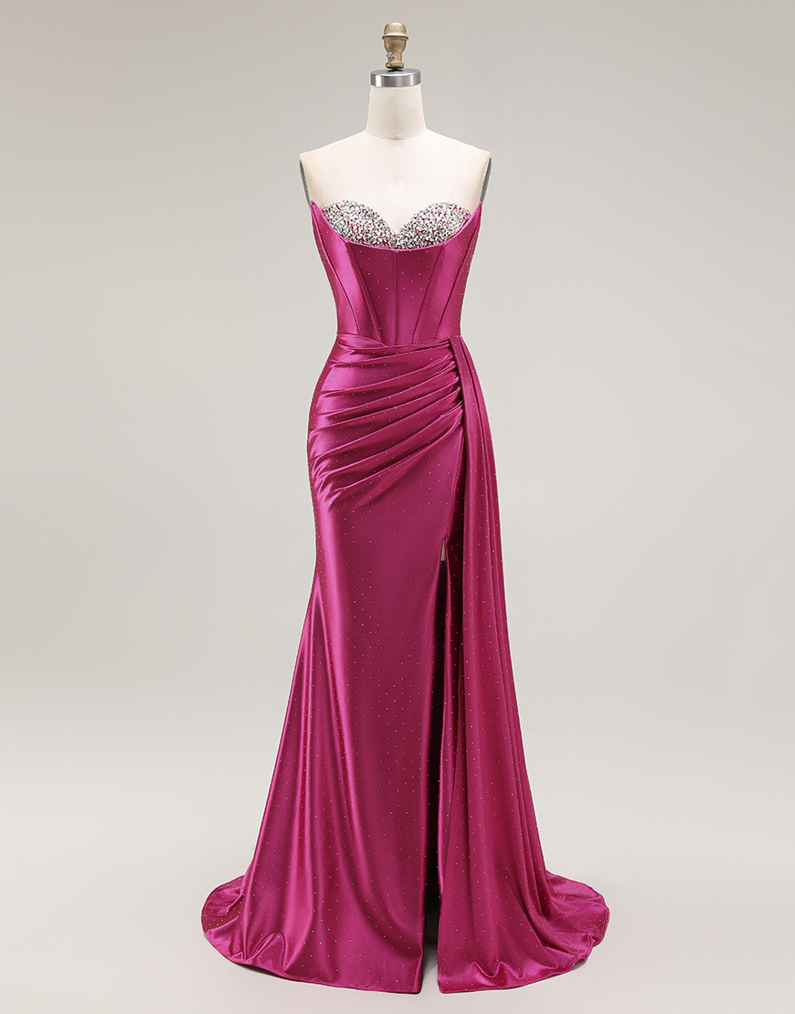 Sparkly Fuchsia Mermaid Strapless Ruched Long Corset Prom Dress