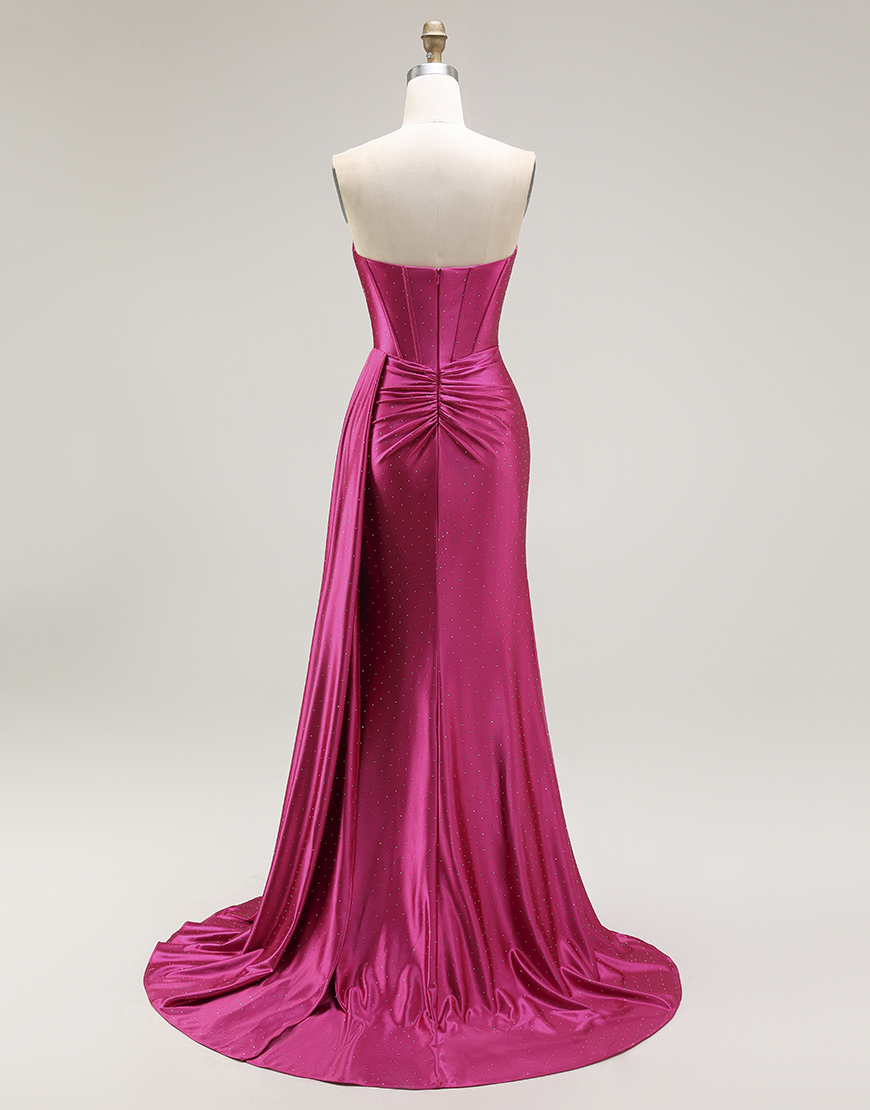 Sparkly Fuchsia Mermaid Strapless Ruched Long Corset Prom Dress