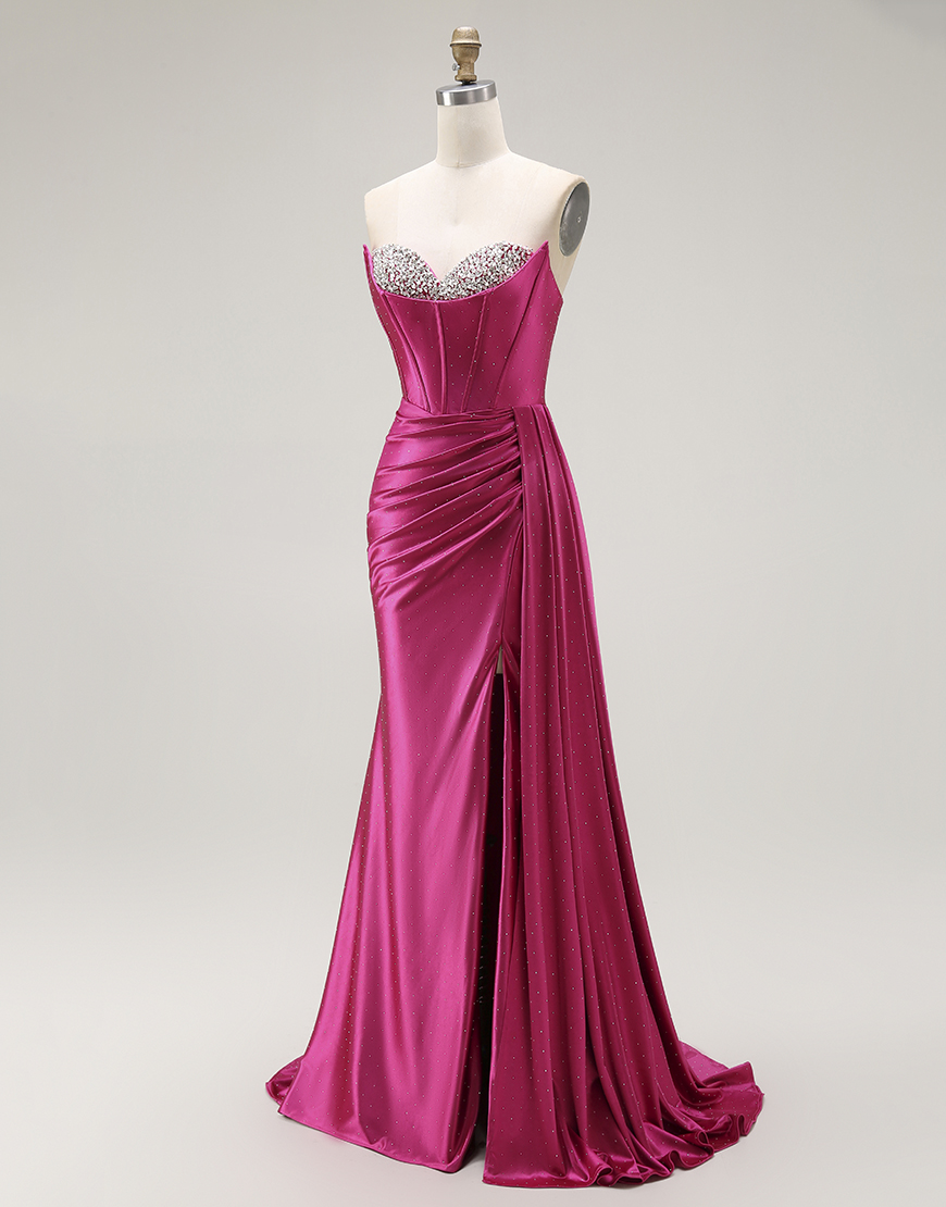 Sparkly Fuchsia Mermaid Strapless Ruched Long Corset Prom Dress