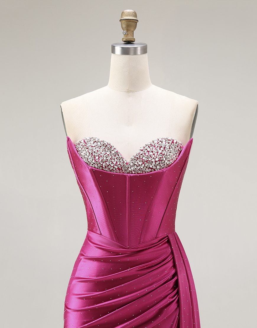 Sparkly Fuchsia Mermaid Strapless Ruched Long Corset Prom Dress