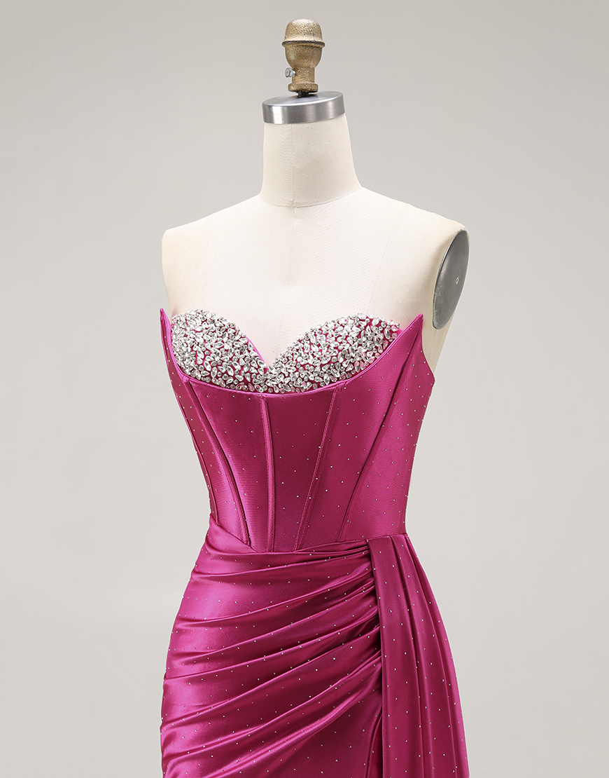Sparkly Fuchsia Mermaid Strapless Ruched Long Corset Prom Dress