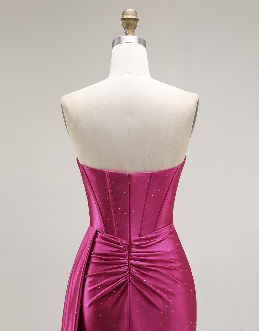 Sparkly Fuchsia Mermaid Strapless Ruched Long Corset Prom Dress