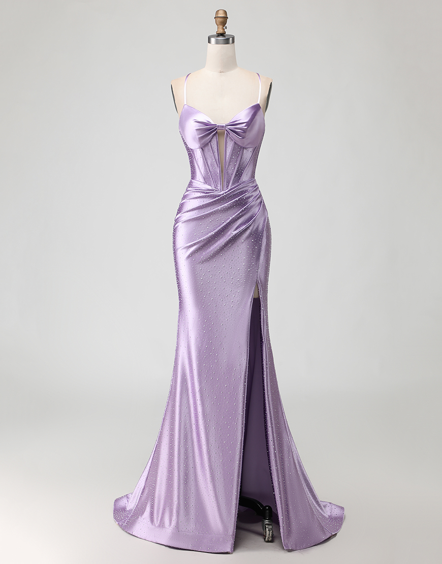 Sparkly Purple Corset Long Beaded Prom Dress with Slit