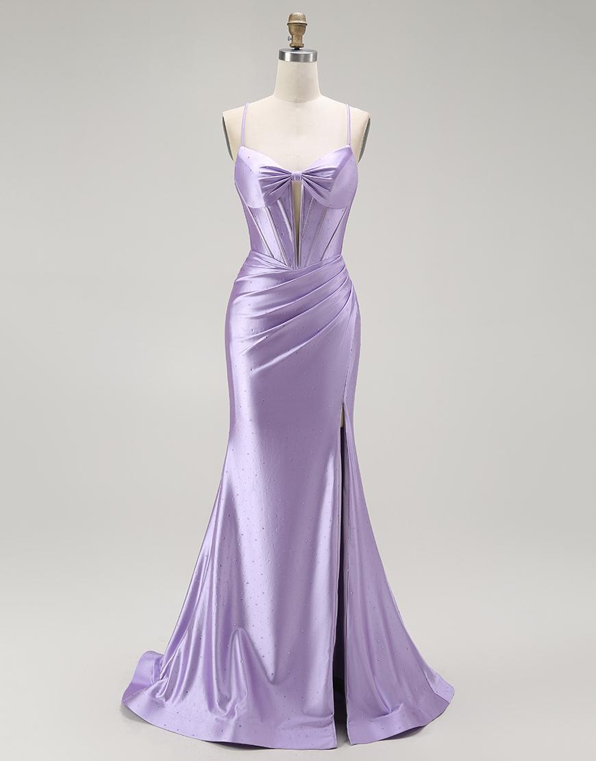 Sparkly Purple Mermaid Spaghetti Straps Corset Long Prom Dress with Slit
