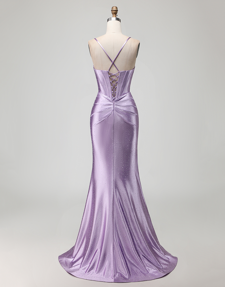 Sparkly Purple Corset Long Beaded Prom Dress with Slit