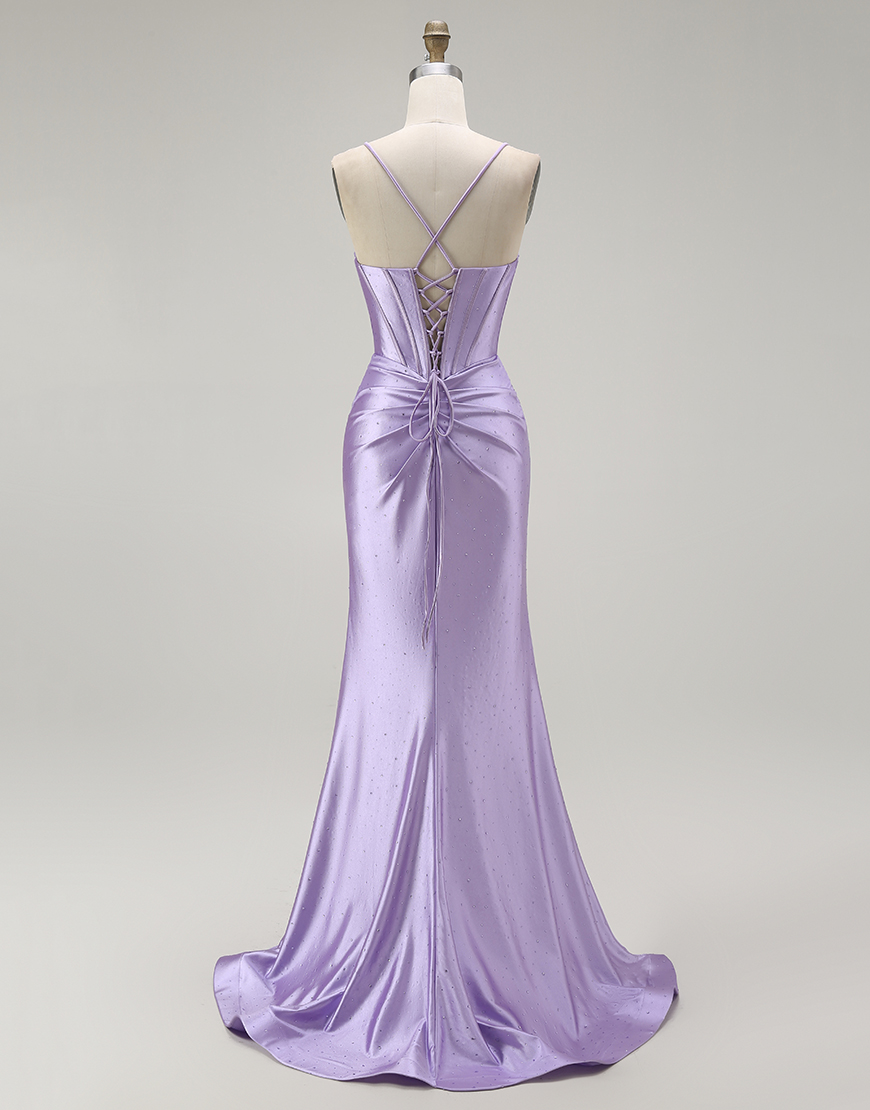 Sparkly Purple Mermaid Spaghetti Straps Corset Long Prom Dress with Slit