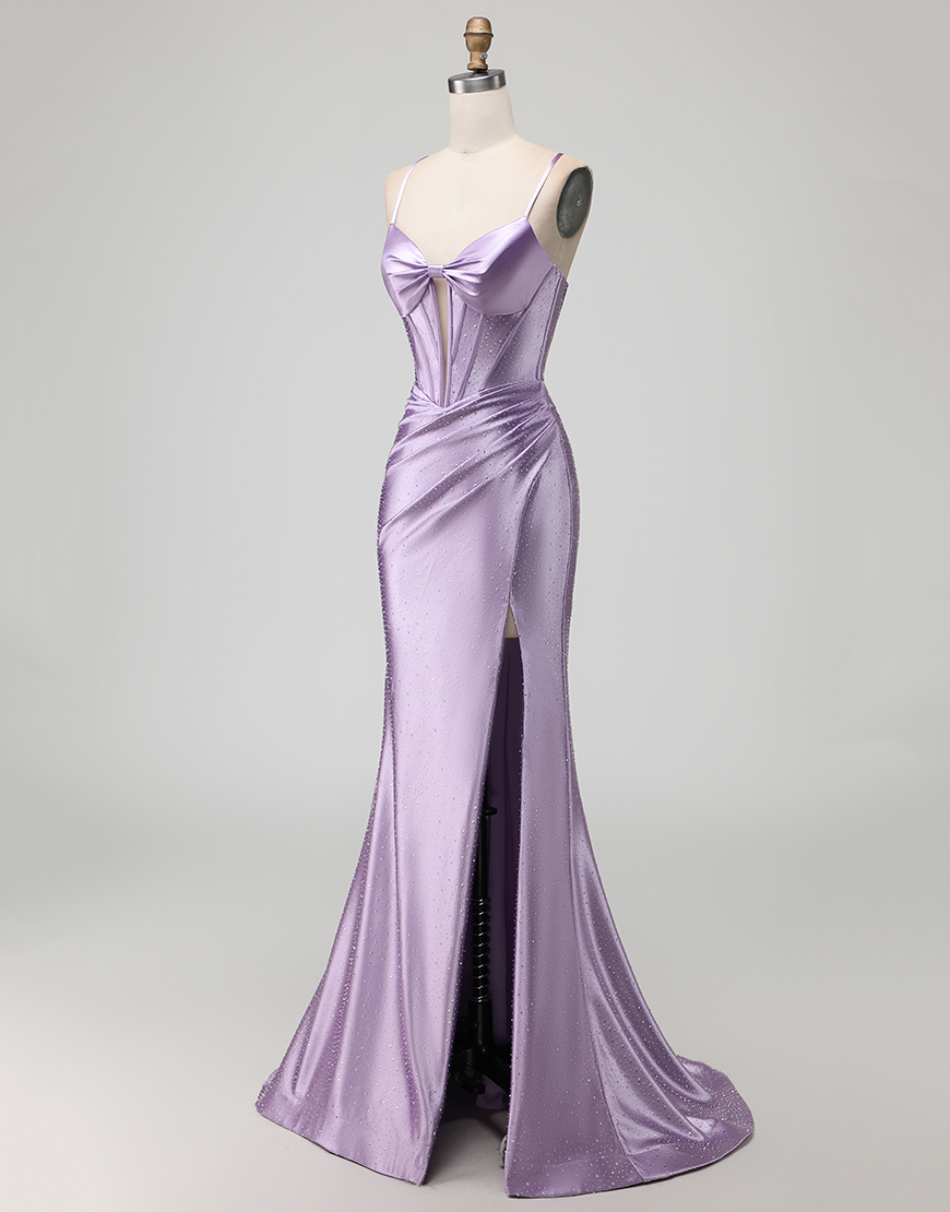 Sparkly Purple Corset Long Beaded Prom Dress with Slit