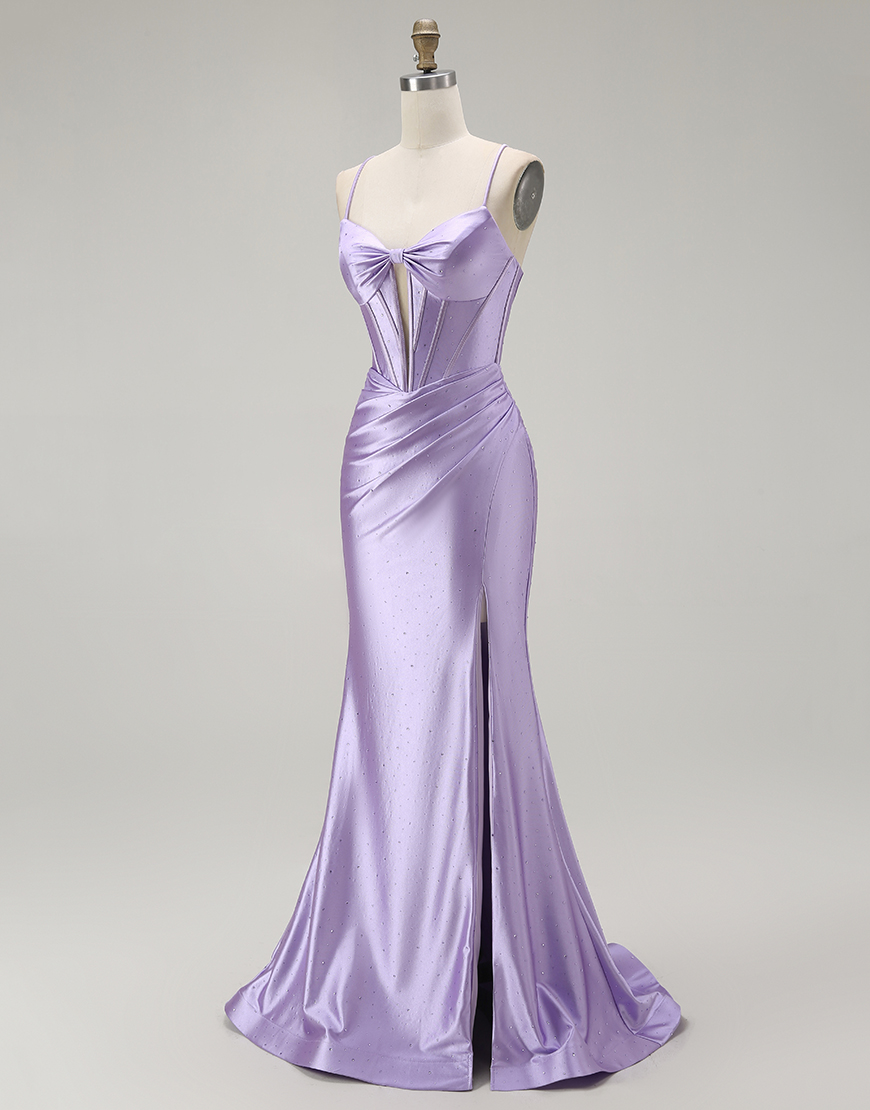 Sparkly Purple Mermaid Spaghetti Straps Corset Long Prom Dress with Slit