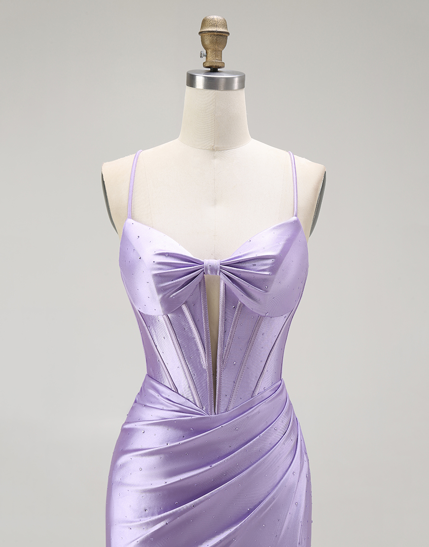 Sparkly Purple Mermaid Spaghetti Straps Corset Long Prom Dress with Slit