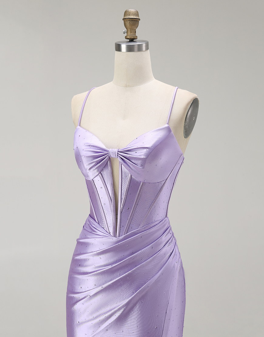 Sparkly Purple Mermaid Spaghetti Straps Corset Long Prom Dress with Slit