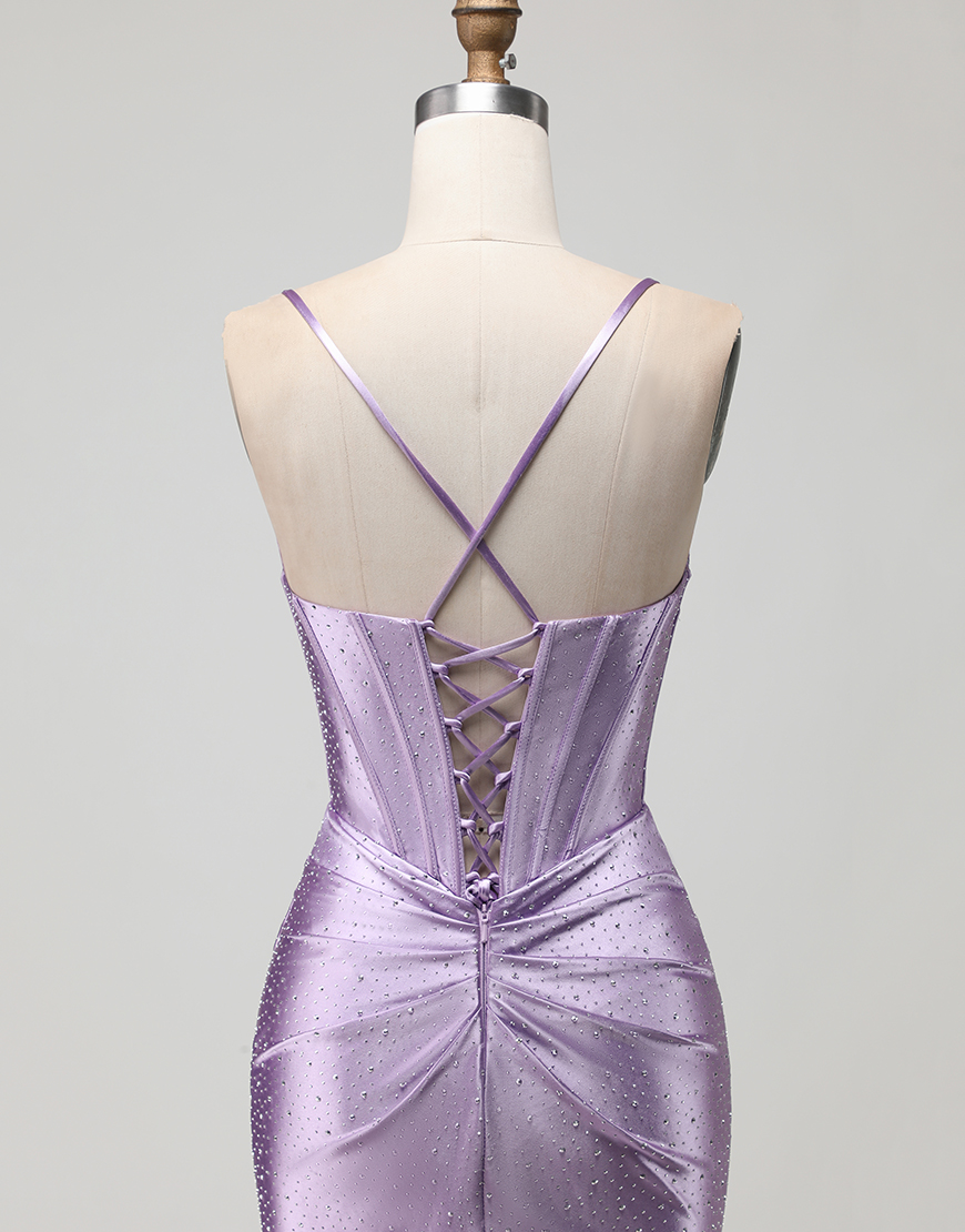 Sparkly Purple Corset Long Beaded Prom Dress with Slit