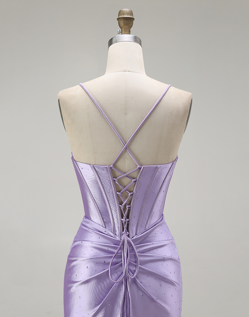 Sparkly Purple Mermaid Spaghetti Straps Corset Long Prom Dress with Slit