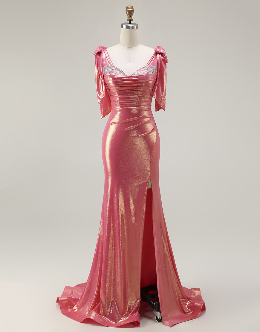 Sparkly Mermaid Coral Beaded Metallic Long Prom Dress with Slit