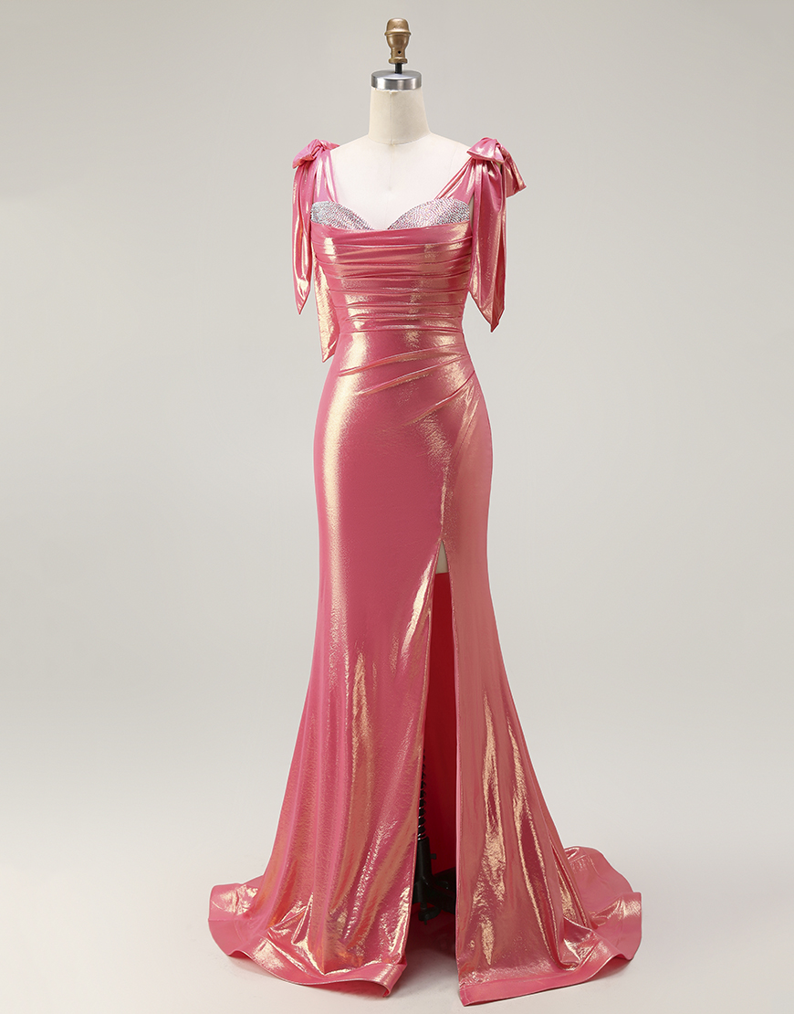 Sparkly Mermaid Coral Beaded Metallic Long Prom Dress with Slit