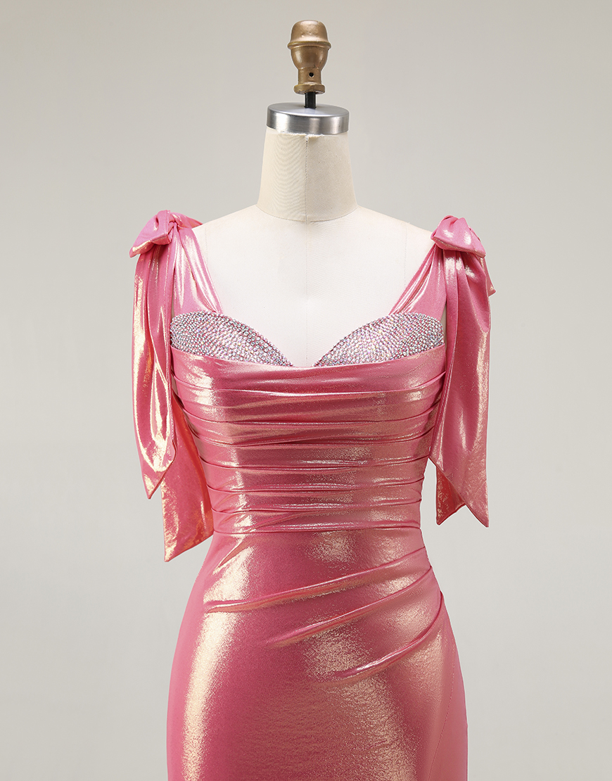 Sparkly Mermaid Coral Beaded Metallic Long Prom Dress with Slit