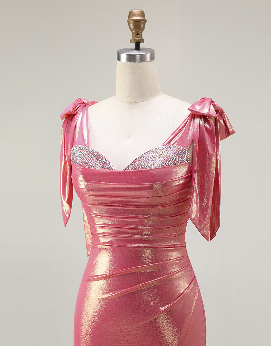 Sparkly Mermaid Coral Beaded Metallic Long Prom Dress with Slit