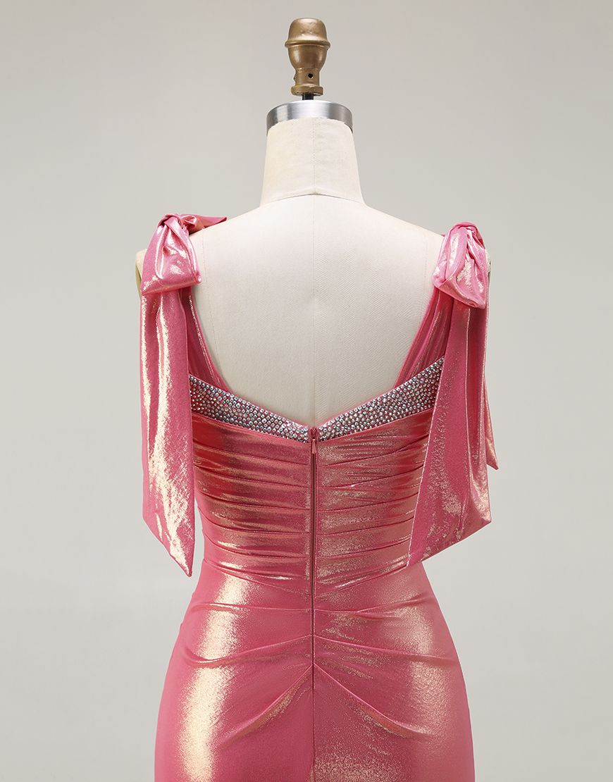 Sparkly Mermaid Coral Beaded Metallic Long Prom Dress with Slit