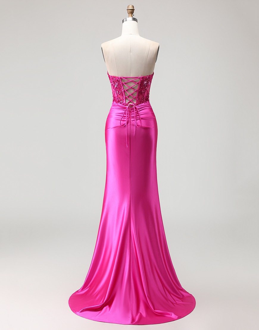 Sparkly Fuchsia Long Mermaid Corset Prom Dress with Sequins