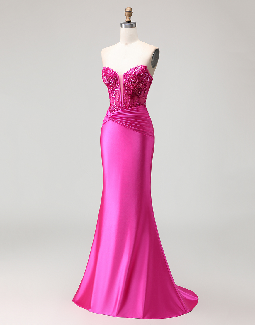 Sparkly Fuchsia Long Mermaid Corset Prom Dress with Sequins