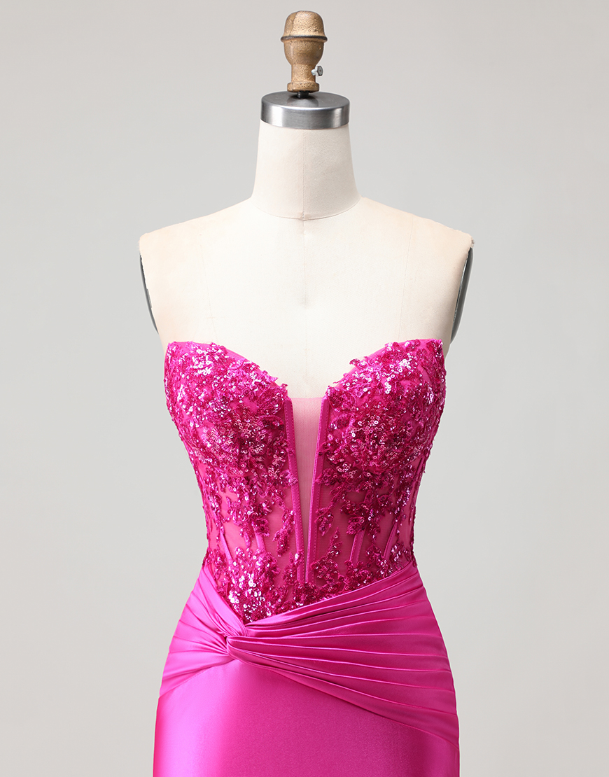 Sparkly Fuchsia Long Mermaid Corset Prom Dress with Sequins