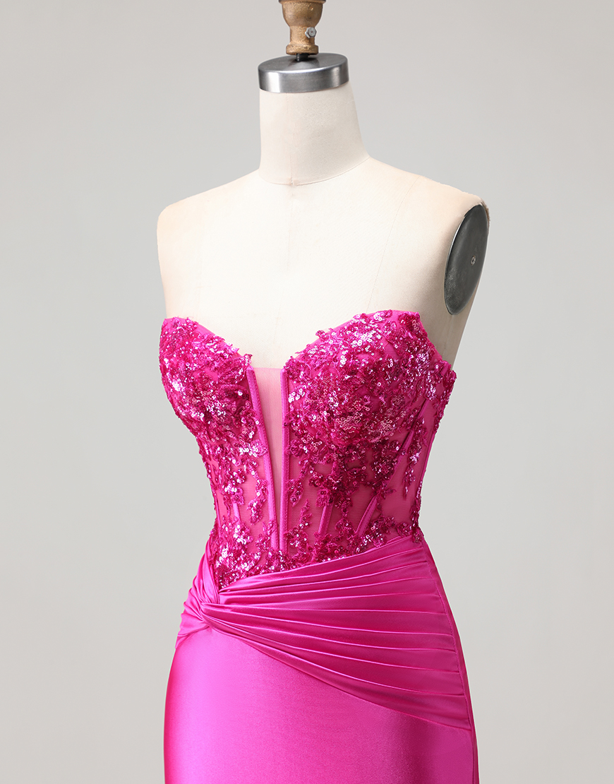 Sparkly Fuchsia Long Mermaid Corset Prom Dress with Sequins