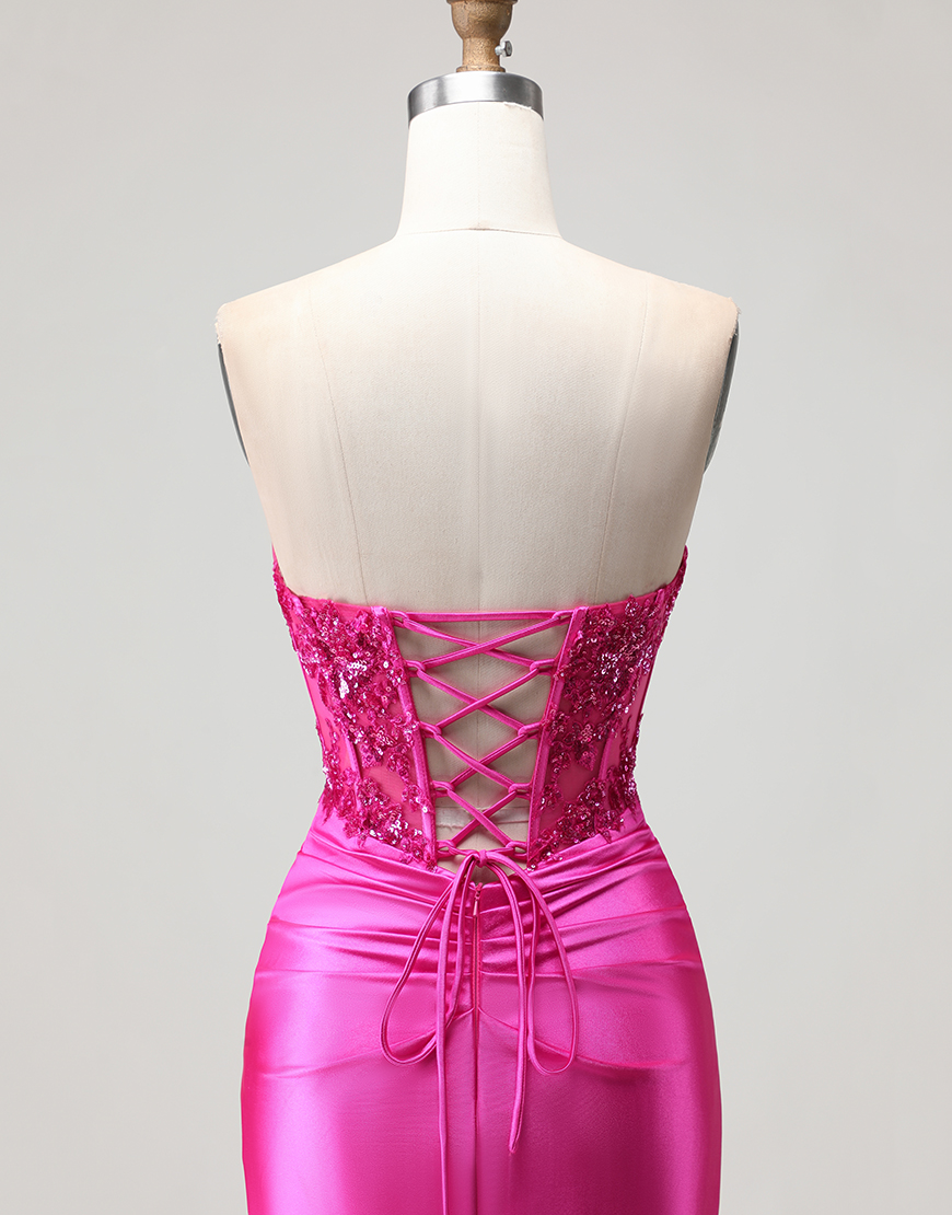 Sparkly Fuchsia Long Mermaid Corset Prom Dress with Sequins