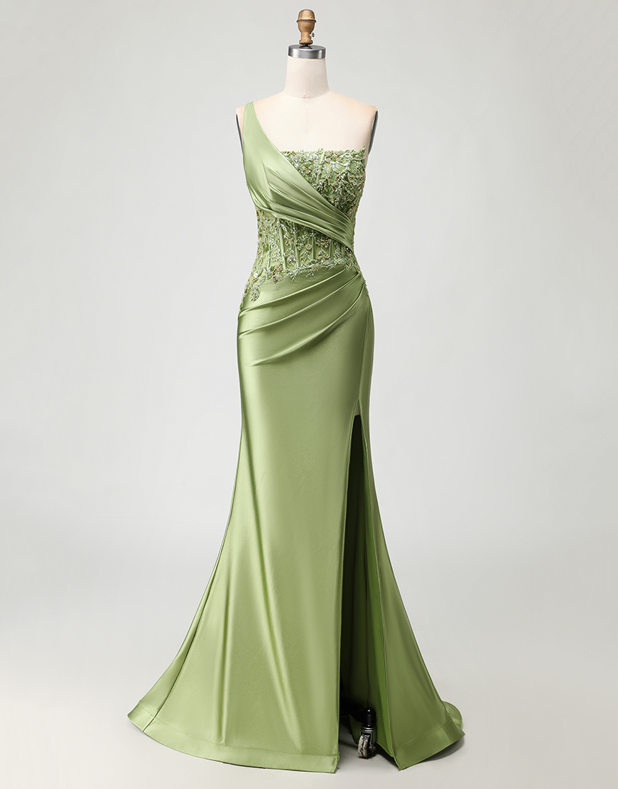 Sparkly Green Mermaid Long Corset Prom Dress with Slit
