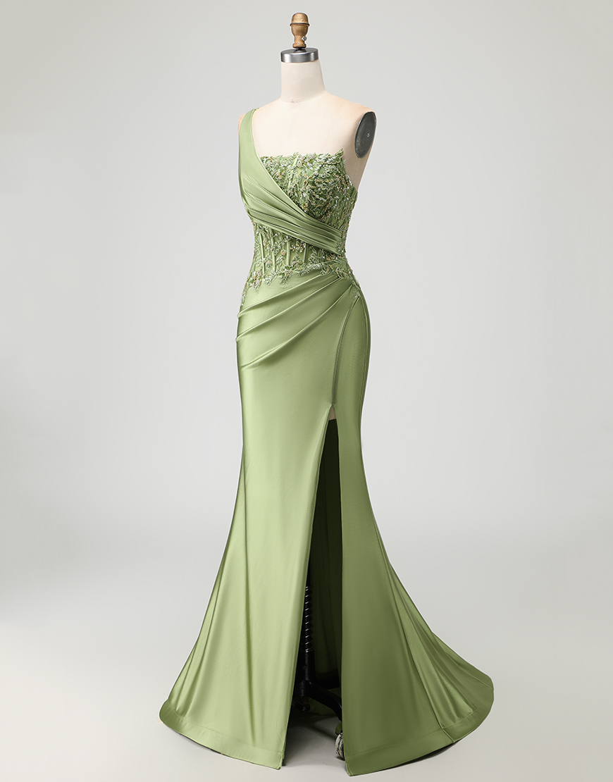 Sparkly Green Mermaid Long Corset Prom Dress with Slit
