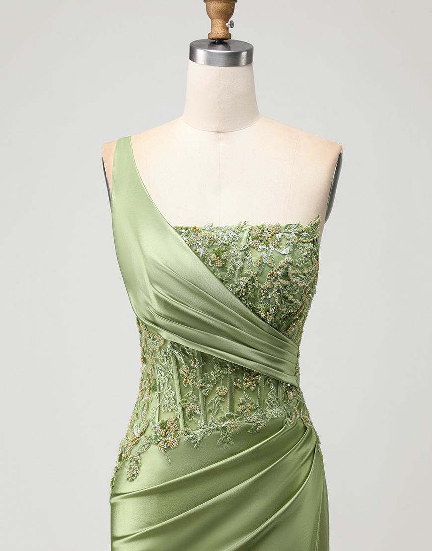 Sparkly Green Mermaid Long Corset Prom Dress with Slit