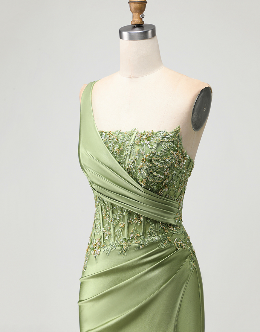 Sparkly Green Mermaid Long Corset Prom Dress with Slit