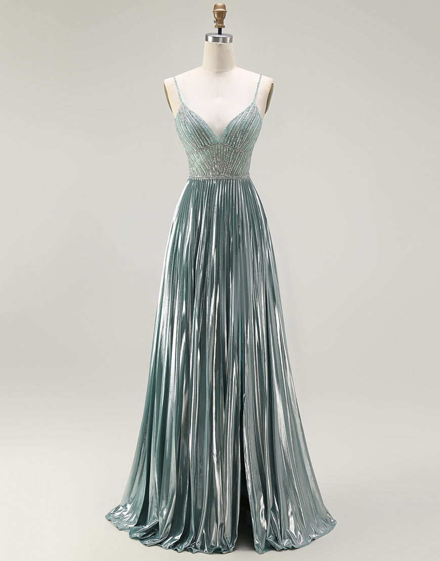 Sparkly Grey Green Metallic A Line Corset Long Prom Dress with Slit
