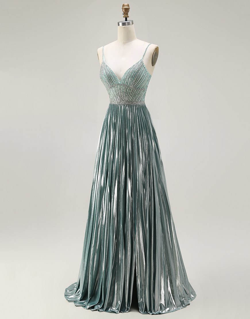 Sparkly Grey Green Metallic A Line Corset Long Prom Dress with Slit