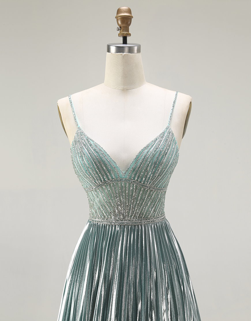 Sparkly Grey Green Metallic A Line Corset Long Prom Dress with Slit