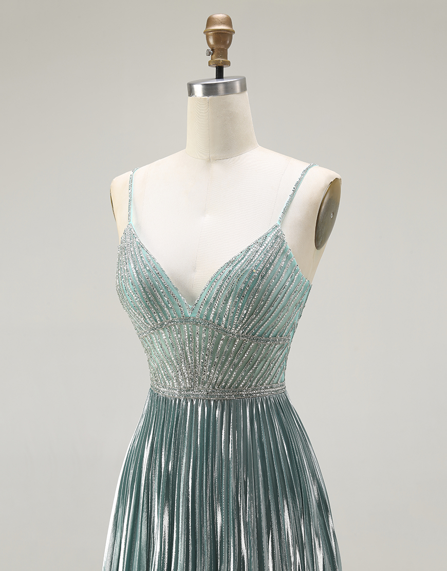 Sparkly Grey Green Metallic A Line Corset Long Prom Dress with Slit