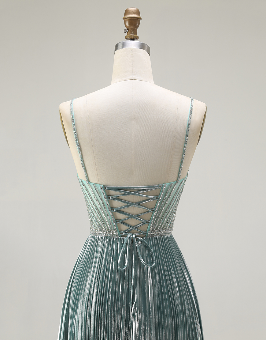 Sparkly Grey Green Metallic A Line Corset Long Prom Dress with Slit