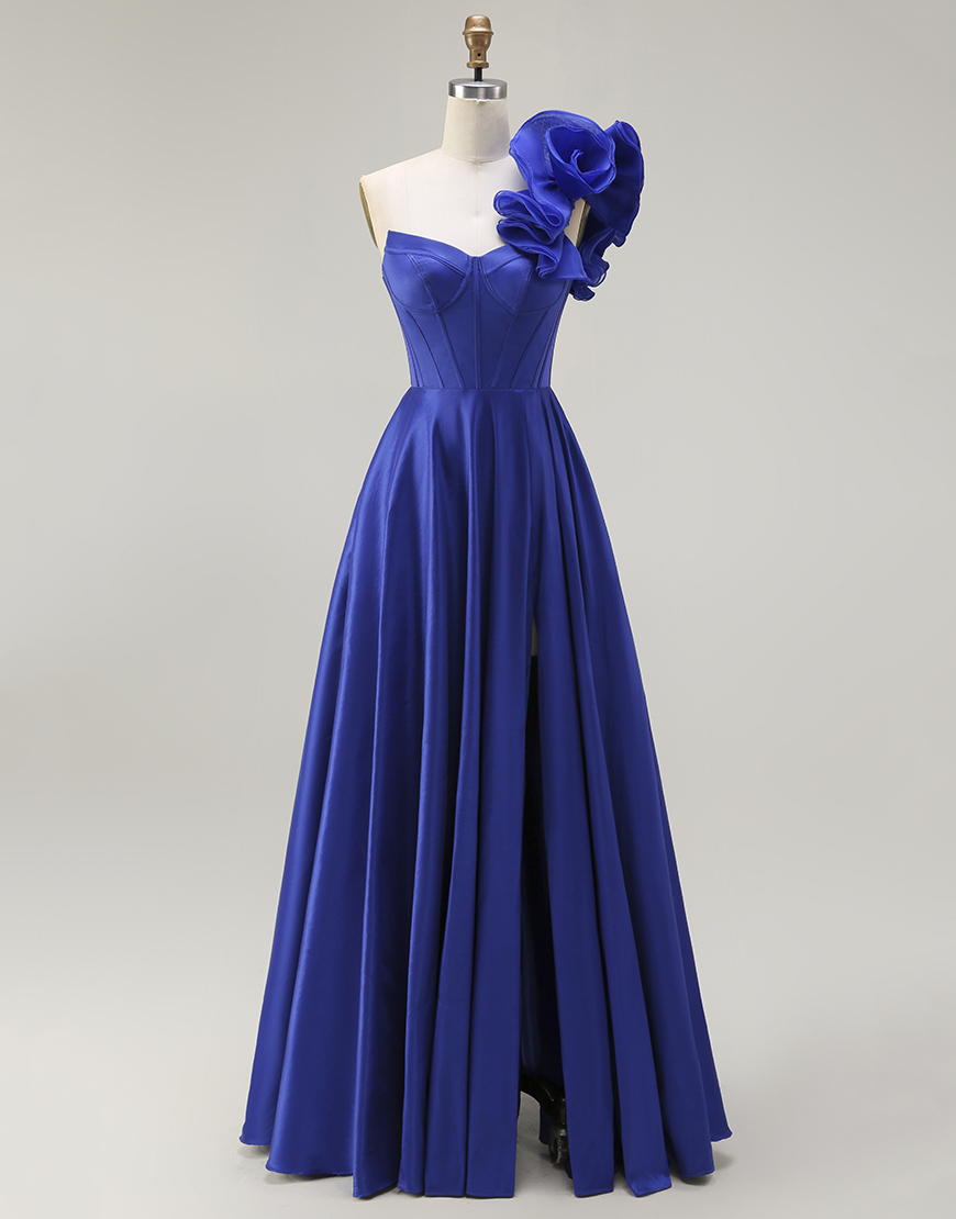 Royal Blue Corset One Shoulder Long Prom Dress with Slit