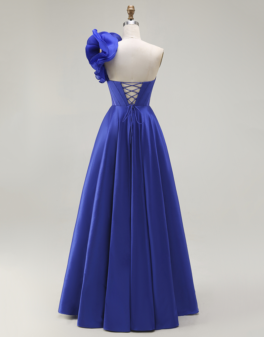 Royal Blue Corset One Shoulder Long Prom Dress with Slit