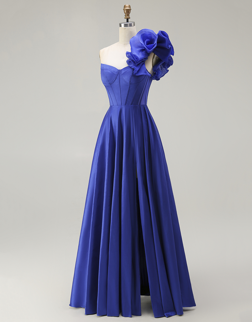Royal Blue Corset One Shoulder Long Prom Dress with Slit